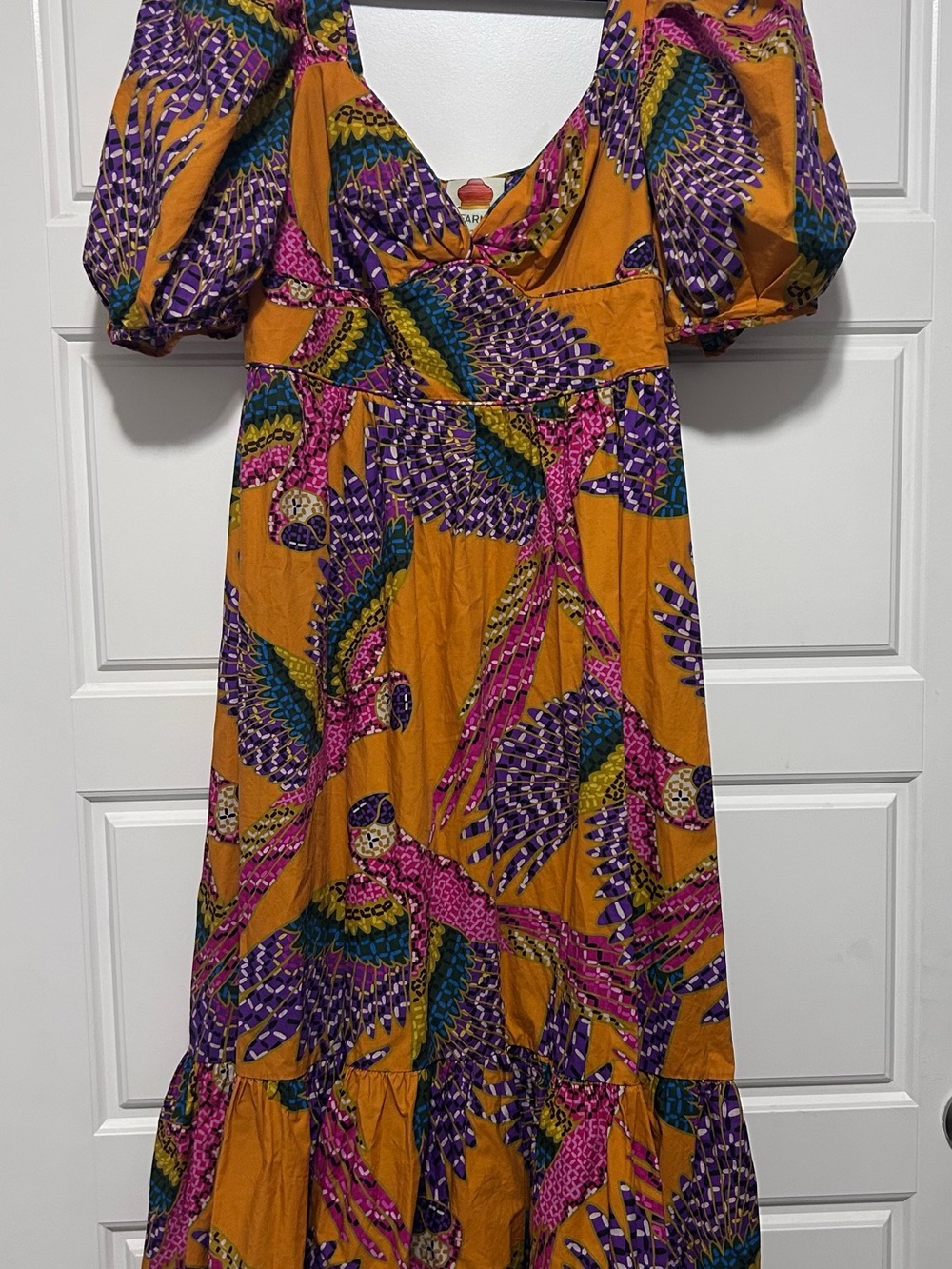 FARM Rio Mustard Yellow Midi Dress with Purple & Pink Parrot Print